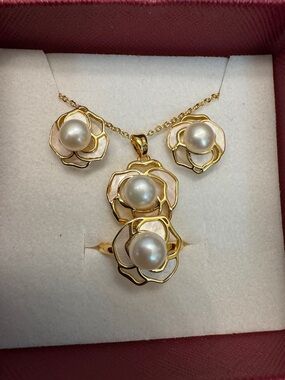 S925 Gold Fresh Water Pearl Floral Jewelry Set - Women